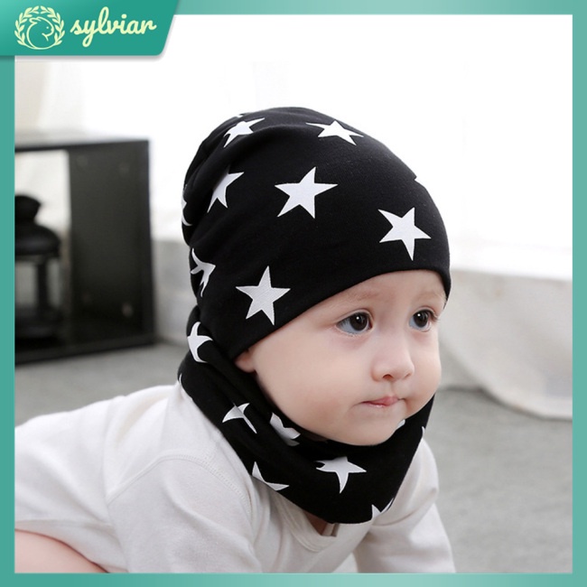 Set 2 Món Mũ Cotton Dệt Kim + Khăn Choàng Cổ Dễ Thương Xinh Xắn Cho Bé