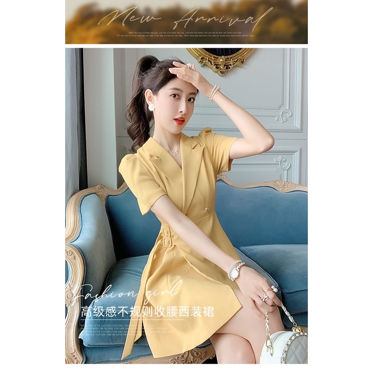 Đầm Vest Nhấn Eo Màu Vàng Nhẹ Thiết Kế Sang Trọng Cá Tính Thời Trang Mùa Hè Cao Cấp Cho Nữ