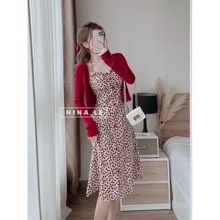 Set đầm hoa đỏ kèm áo khoác