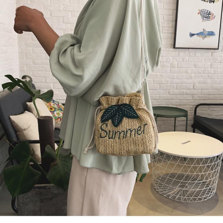 Túi nữ vải rút đeo vai hình lá SUMMER mùa hè mới vải xô rơm Hàn Quốc túi nữ dệt thoi đi biển giá rẻ SM112 Tuidepstore