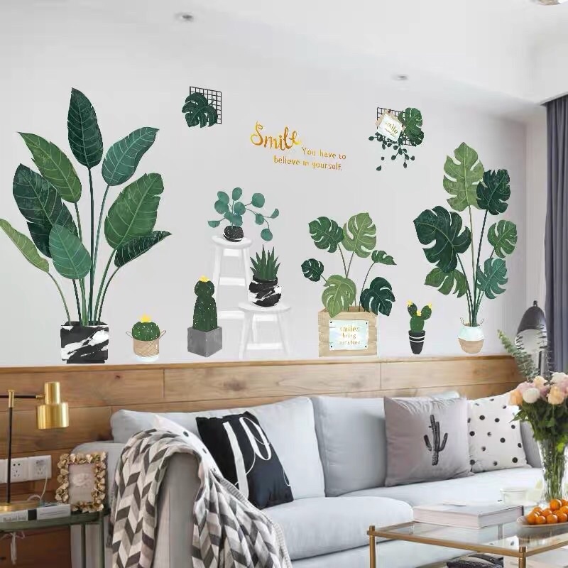 Decal dán tường chậu cây xanh cỡ lớn, sẵn keo dán
