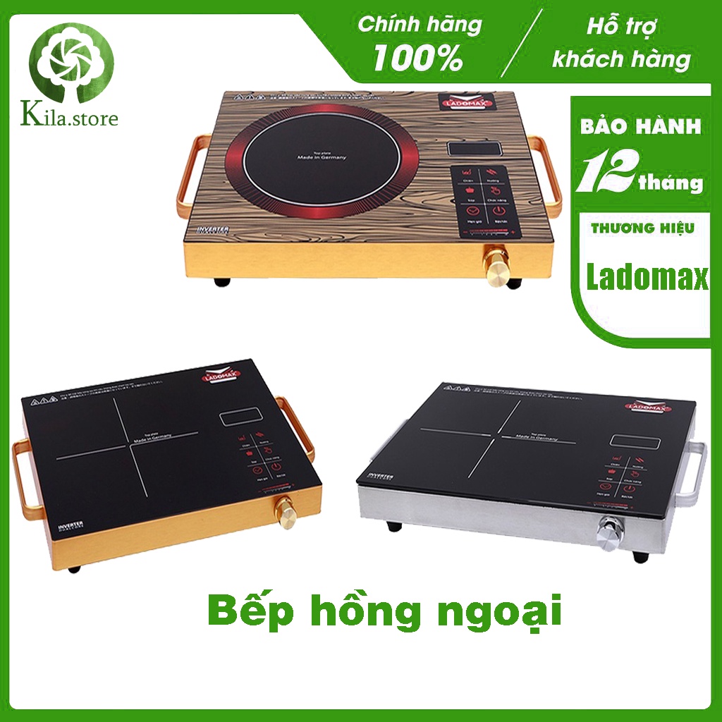 Bếp điện hồng ngoại không kén nồi chảo Ladomax màu bạc, công suất 2200W, có khung tay cầm, bảo hành 12 tháng