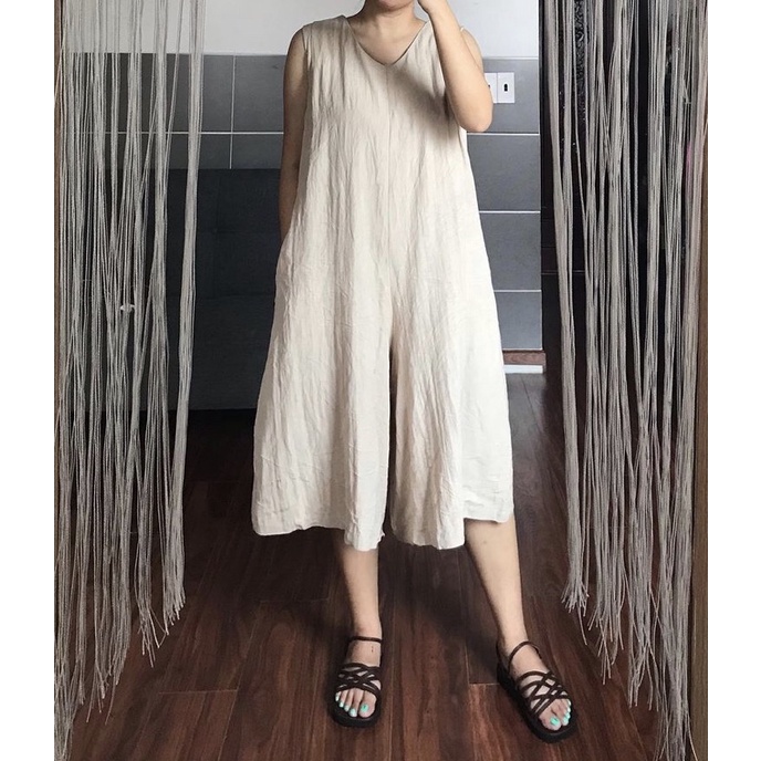 Jumpsuit linen màu kem -2hand