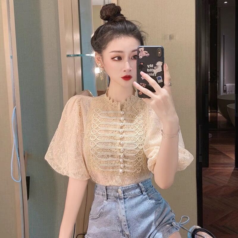 Áo Sơ Mi Ren Cổ Đứng Dáng Ôm Thời Trang Mùa Thu Phong Cách Hàn Quốc Cho Nữ
