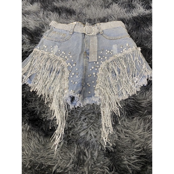 Quần short jean đính đá kèm belt