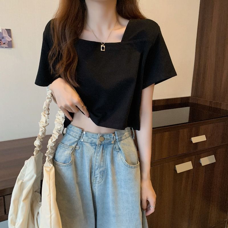 Áo Thun Tay Ngắn Cổ Vuông Vải Mỏng Thời Trang Mùa Hè