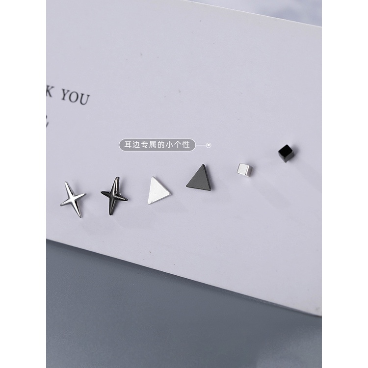 Đôi khuyên tai mặt hình tam giác/ vuông/ ngôi sao màu bạc/ màu đen đơn giản cá tính dành cho nữ