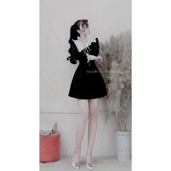 ĐẦM NHUNG ĐEN TD CỔ KEM