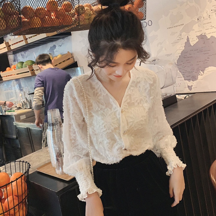 Áo sơ mi công sở nữ ren đẹp kiểu Hàn Quốc tay dài bánh bèo tiểu thư form rộng bigsize k2t3-5