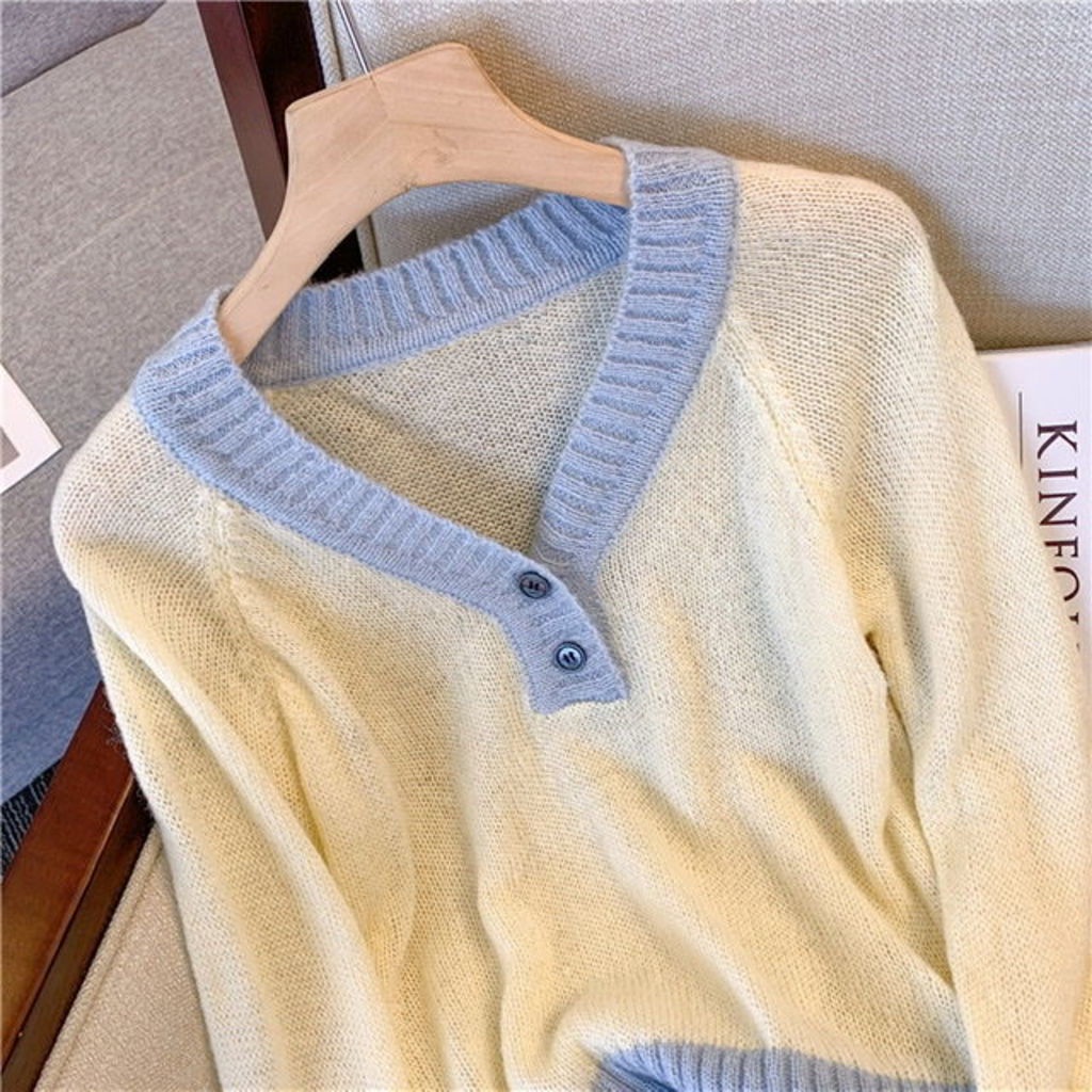 Áo sweater Cổ Chữ V Màu Sắc Tương Phản Phong Cách Hàn Quốc Thời Trang Mùa Thu Cho Nữ