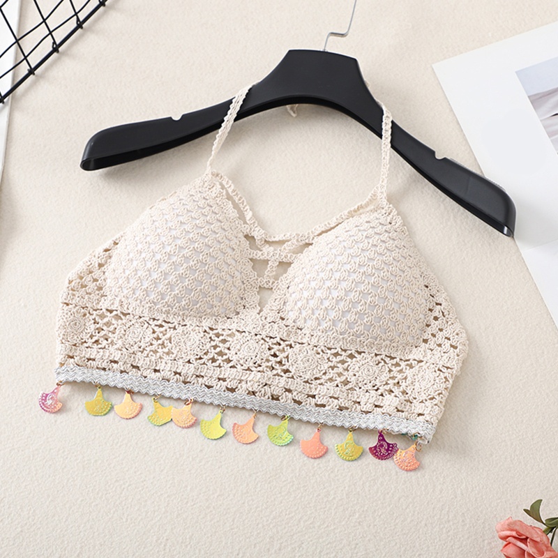 Brroa Áo Ngực Cổ Chữ V Có Đệm Dệt Kim Rỗng Nhiều Màu Sắc Kèm Vỏ Kim Loại Cho Nữ Đi Biển Tas