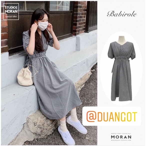 (ORDER) Váy MORAN cổ V kẻ sọc caro nhỏ thun eo xòe dài đơn giản vintage Hàn Quốc