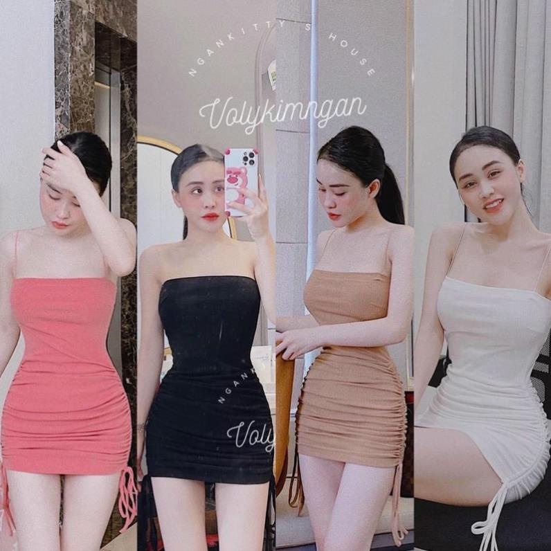 Đầm Body Hai Dây Len Gân Rút Dây Hai Bên Hông Siêu Xinh DRDBD07