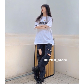 Quần jeans ống suông đen rách col BEPOO chất dày mịn đẹp