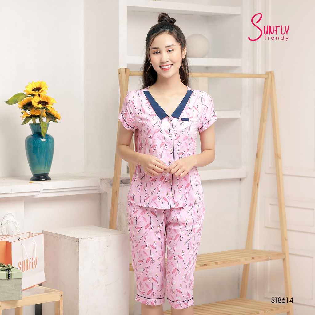 Bộ Pijamas lanh SUNFLY áo cộc quần ngố ST8614