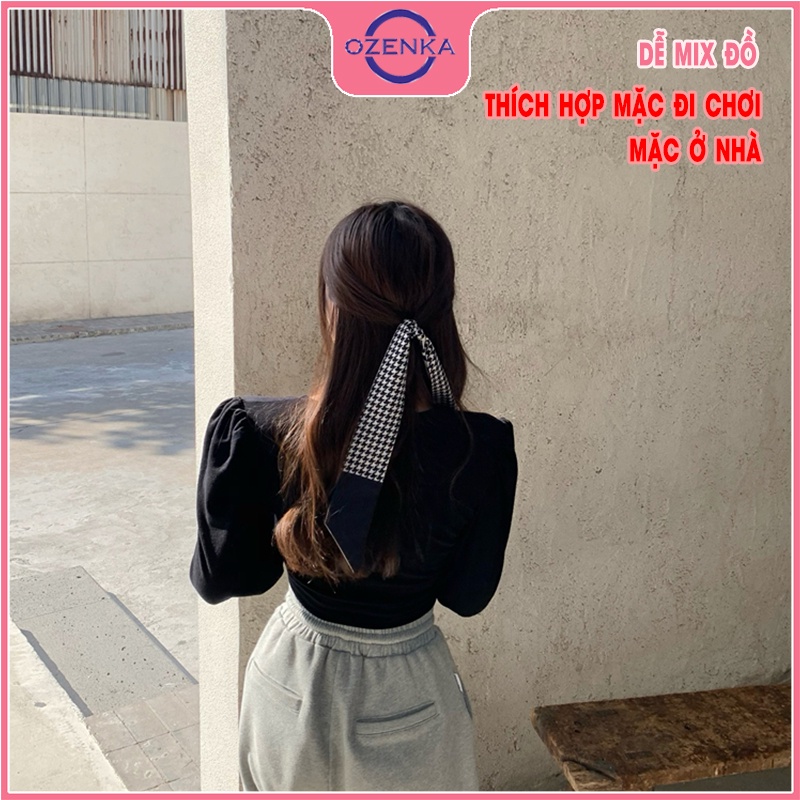 Áo croptop cổ v vai bồng tay dài nữ OZENKA crt ôm body vải thun gân 100% cotton cho người bắp tay to dưới 50 kg