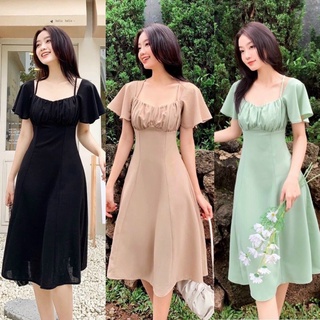[Jamela] Đầm cổ vuông nhún ngực phối dây dáng dài thiết kế cao cấp