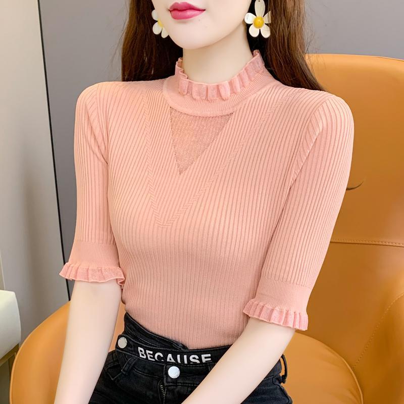 Áo Thun Dệt Kim Mỏng Cổ Lọ Tay Lửng Thời Trang Cho Nữ