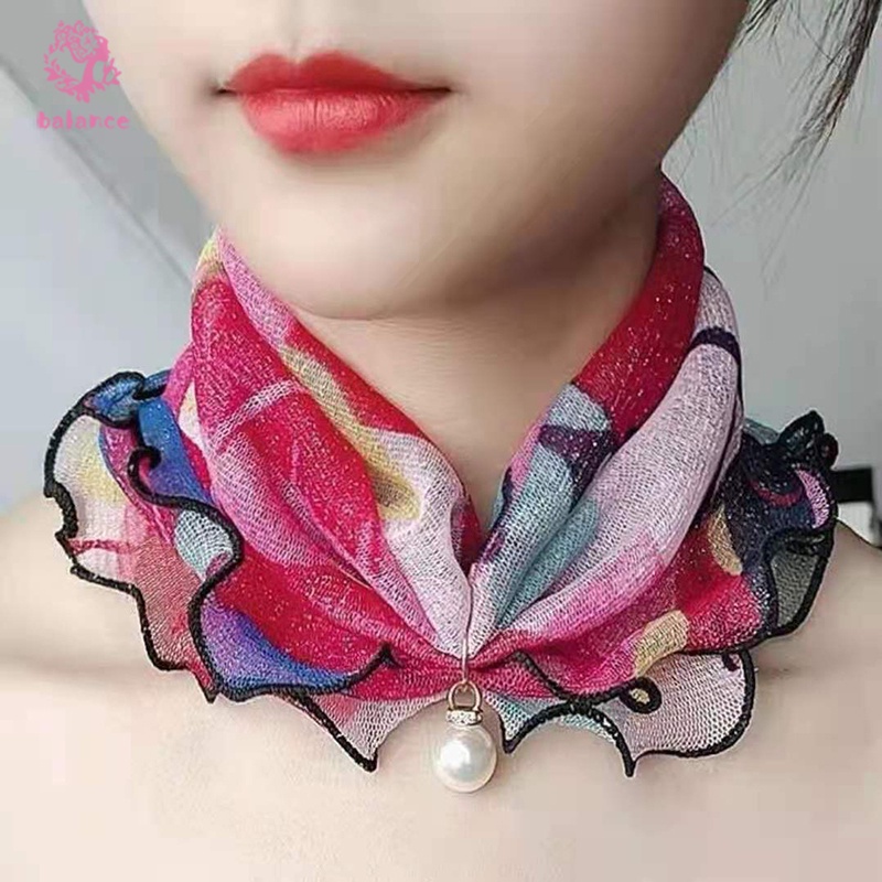 Khăn choàng cổ vải voan nhún bèo đính ngọc trai giả đa năng thời trang cho nữ