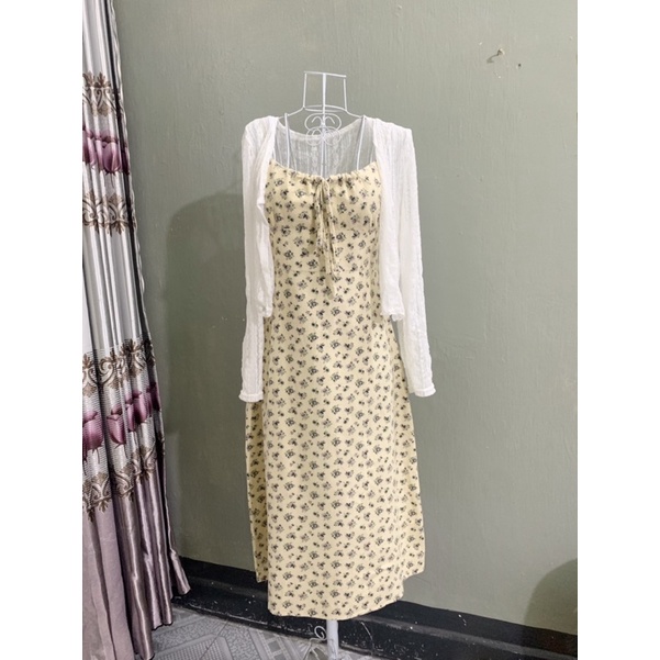 Váy đầm vintage hai dây hoa nhí vàng tím /thu đông