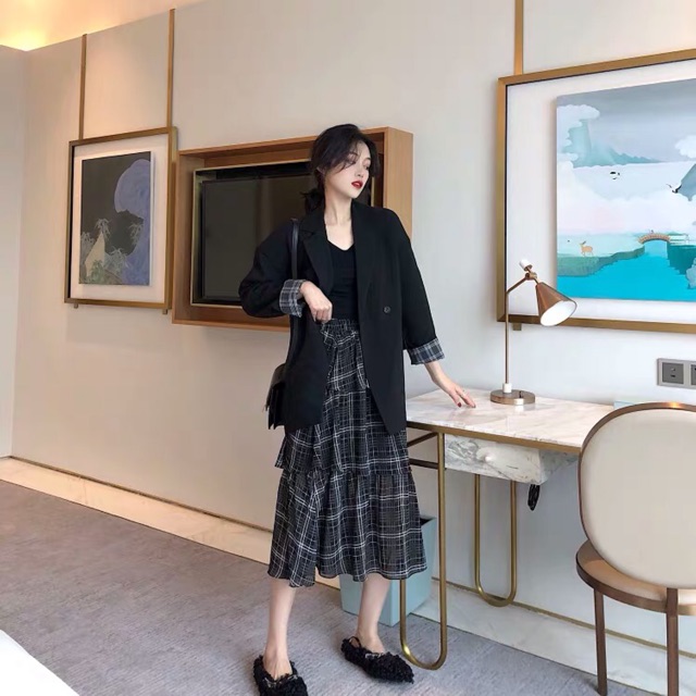 Set áo khoác vest áo blazer nữ MA15 và chân váy xoè xếp tầng kẻ caro có bán rời | BigBuy360 - bigbuy360.vn
