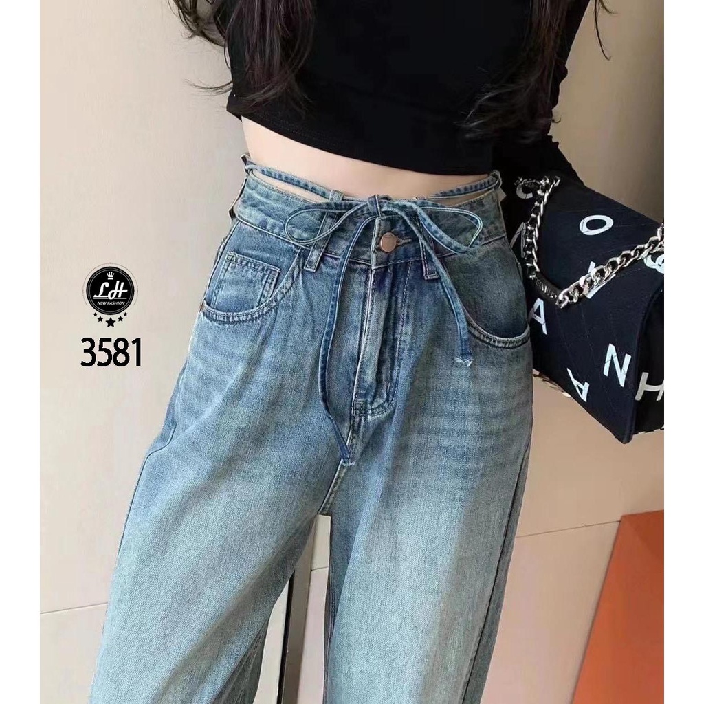 Quần jean nữ ống rộng, quần bò màu xanh lưng có dây nơ điều chỉnh eo siêu dễ thương Lê Huy Fashion MS 3580