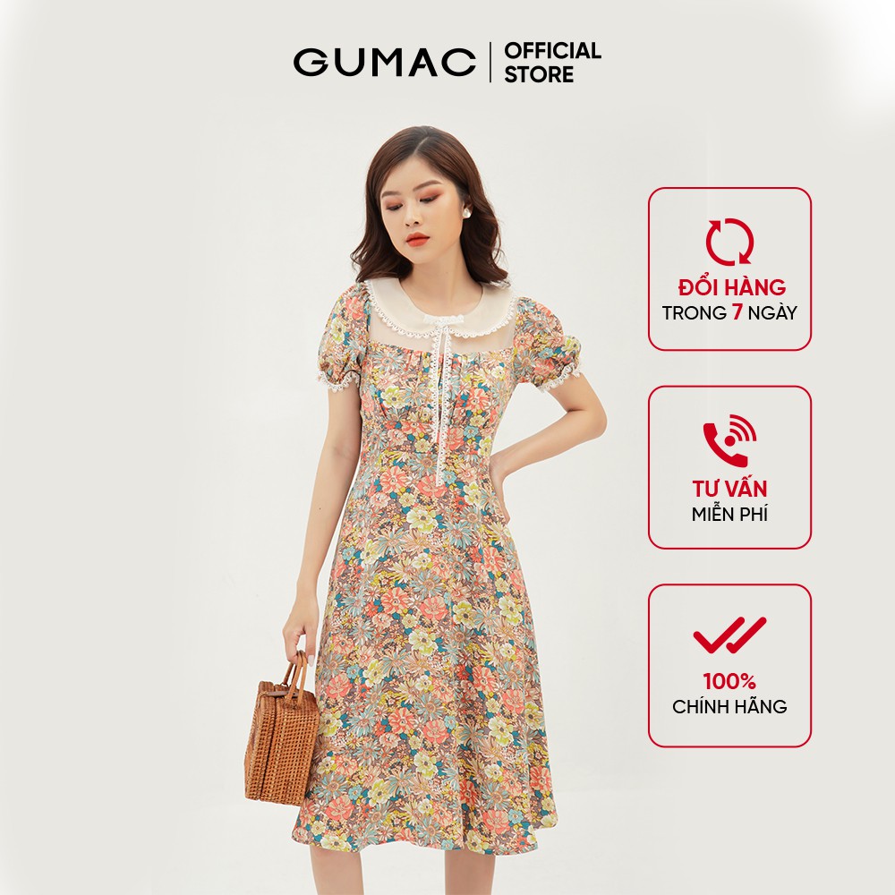 Đầm xòe nữ họa tiết hoa phối đăng ten GUMAC màu vàng, đủ size trẻ trung, thanh lịch DB317