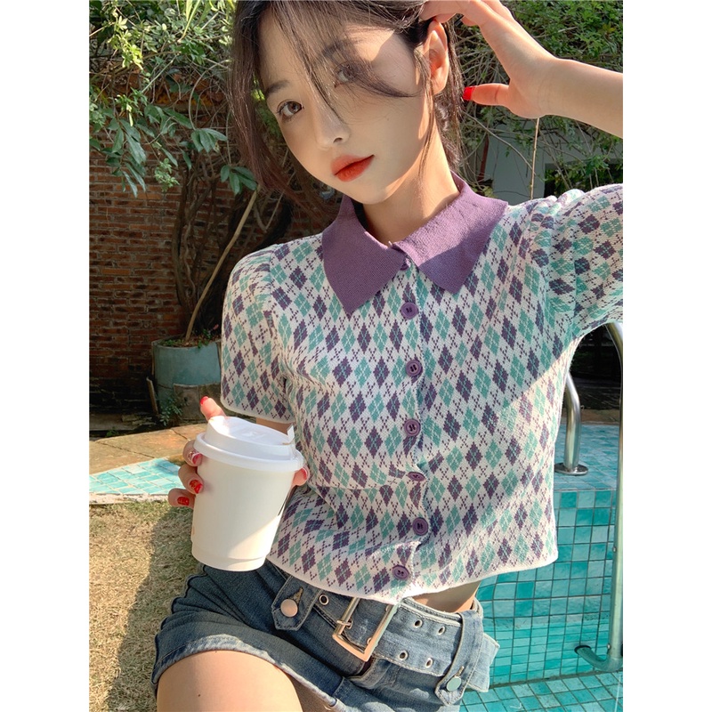 Áo polo Dệt Kim Tay Ngắn Kẻ Sọc Ca Rô Kiểu Retro Pháp Xinh Xắn Cho Nữ