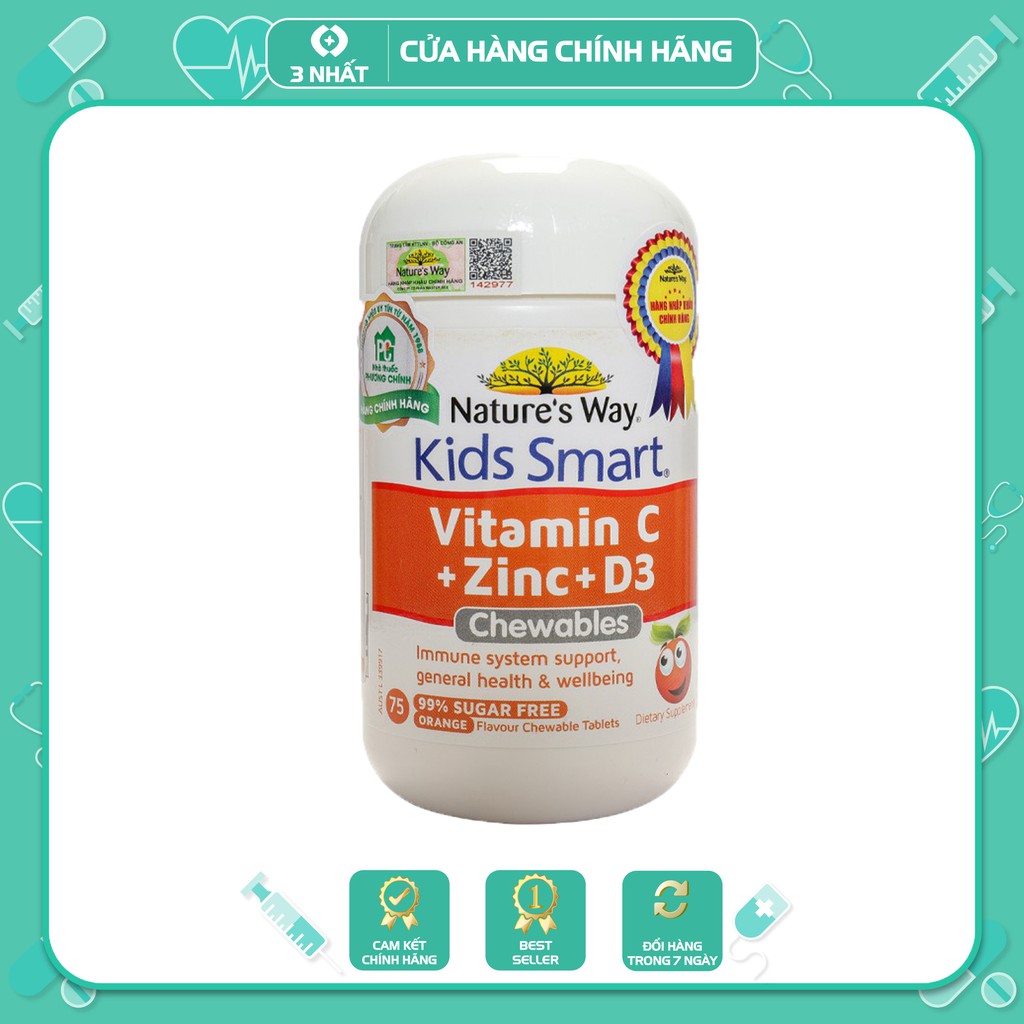 Viên Nhai Nature’s Way Kids Smart Vitamin C + Zinc + D3 Chewable Tablets - Bổ sung Vitamin C và Kẽm Cho Bé - Lọ 75 Viên