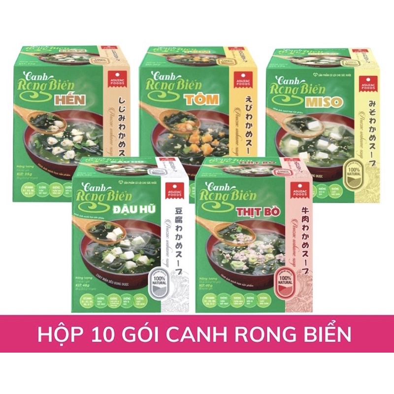 Canh rong biển ăn liền Asuzac đủ 5 vị đậu hũ, tôm, thịt bò, hến, Miso hộp nhỏ (10-12 gói 4gram) dinh dưỡng, tiện dụng
