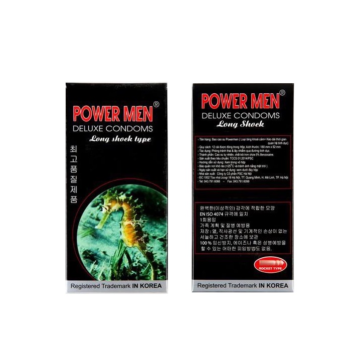 Bao Cao Su Power Men Long Shock Type (Hộp 12C) - Bcs Gân Gai & Siêu Mỏng, Nhiều Gel, Size 52mm