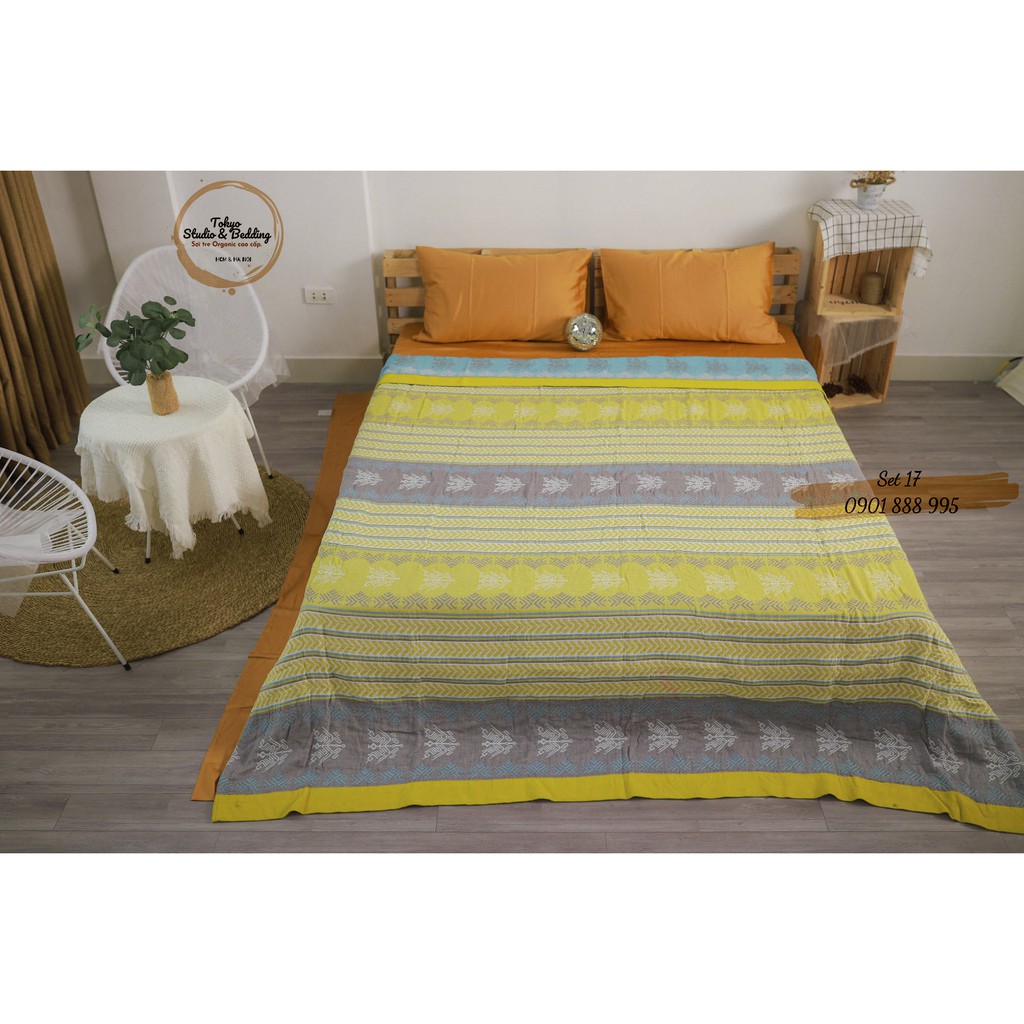 Set 17 _ Chăn Xô Cotton Sợi tre Organic dòng Basic &amp; Ga gối Lụa