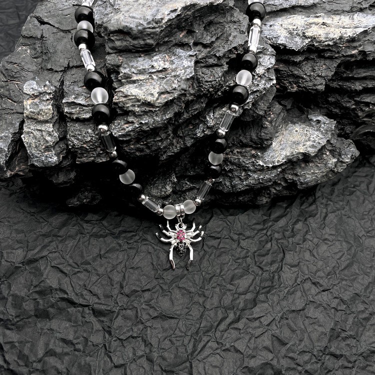 Vòng cổ Chuỗi Hạt Tròn Màu Đen Mặt Hình Nhện Đính Đá Thời Trang Trẻ Trung Cho Nam Nữ