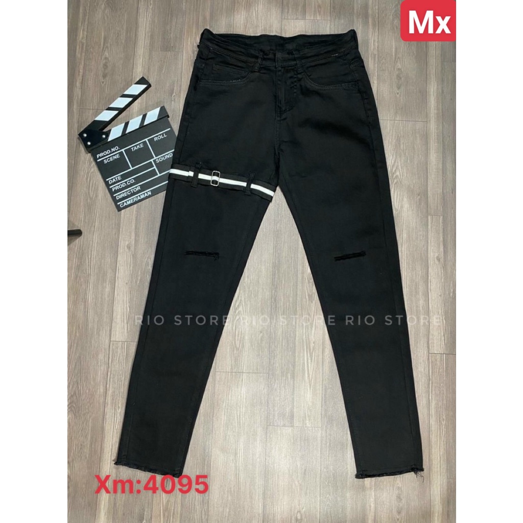 Quần jeans nam thời trang mẫu mới_Quần bò nam đen kiểu đai thắt mới lạ