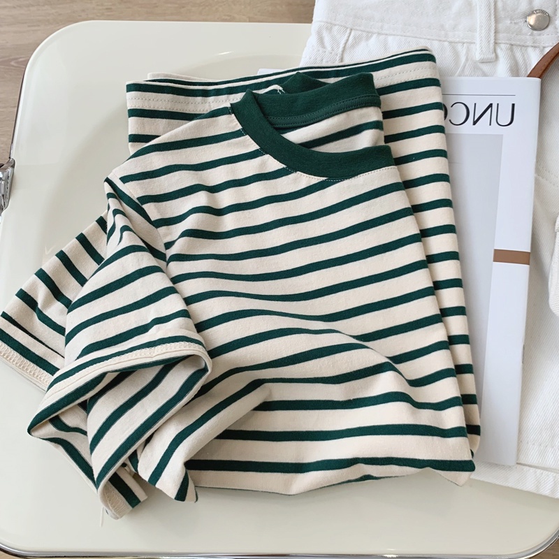 Áo Thun Cotton Ngắn Tay Họa Tiết Kẻ Sọc Thời Trang Mùa Hè Hàn Quốc Mới Cho Nữ