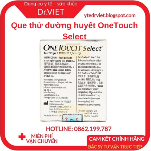 Que Thử Đường Huyết OneTouch Select LIFESCAN - Sử dụng công nghệ cảm ứng điện cực, chính xác - Hộp 10 que - Drviet