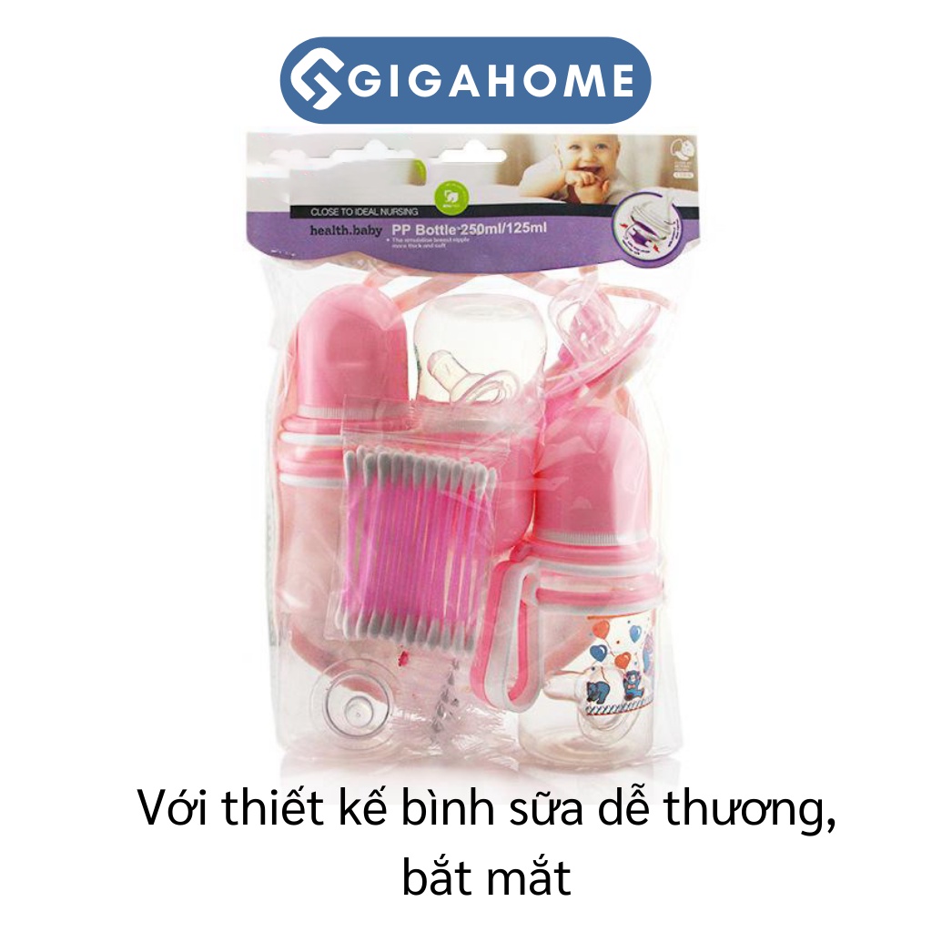 Bộ Bình Sữa Rộng Có Quai Cầm, Kèm Yếm, Tăm Bông, Cọ Rửa An Toàn GIGAHOME 8988