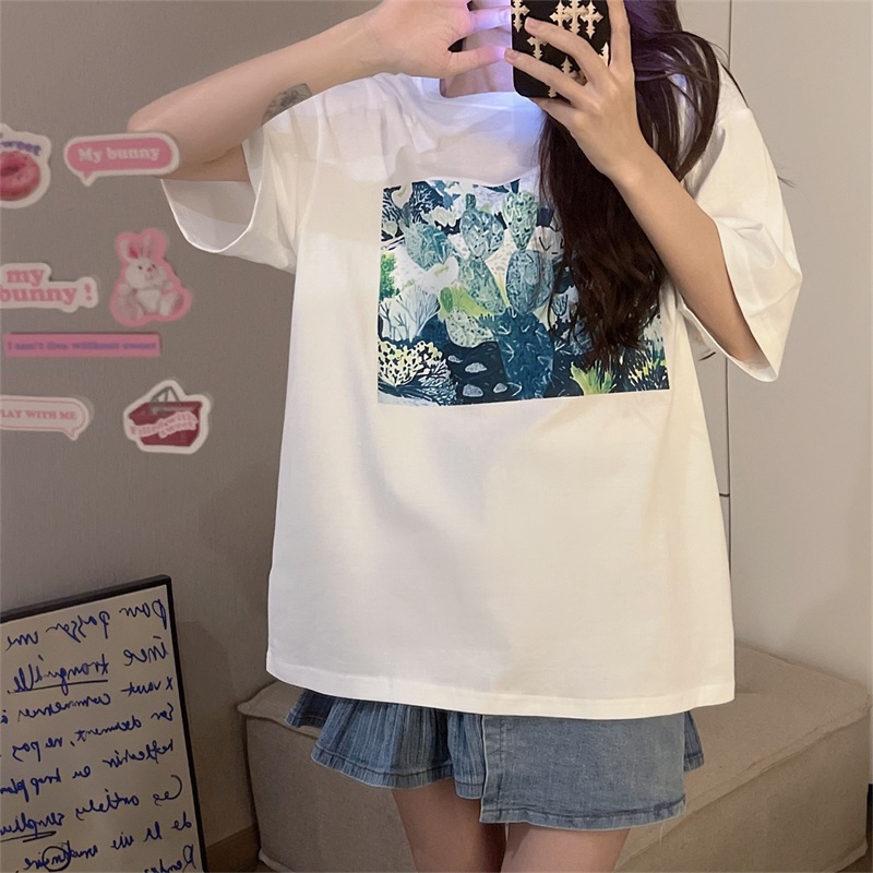 Áo thun SUXI tay ngắn cổ tròn dáng rộng in họa tiết đơn giản thời trang mùa hè cho nữ