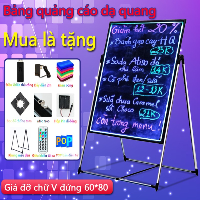 Bảng đen bảng menu quảng cáo có thể viết tay đèn led sáng size 60*80 cho quán ăn cà phê biển tuyển dụng YA23