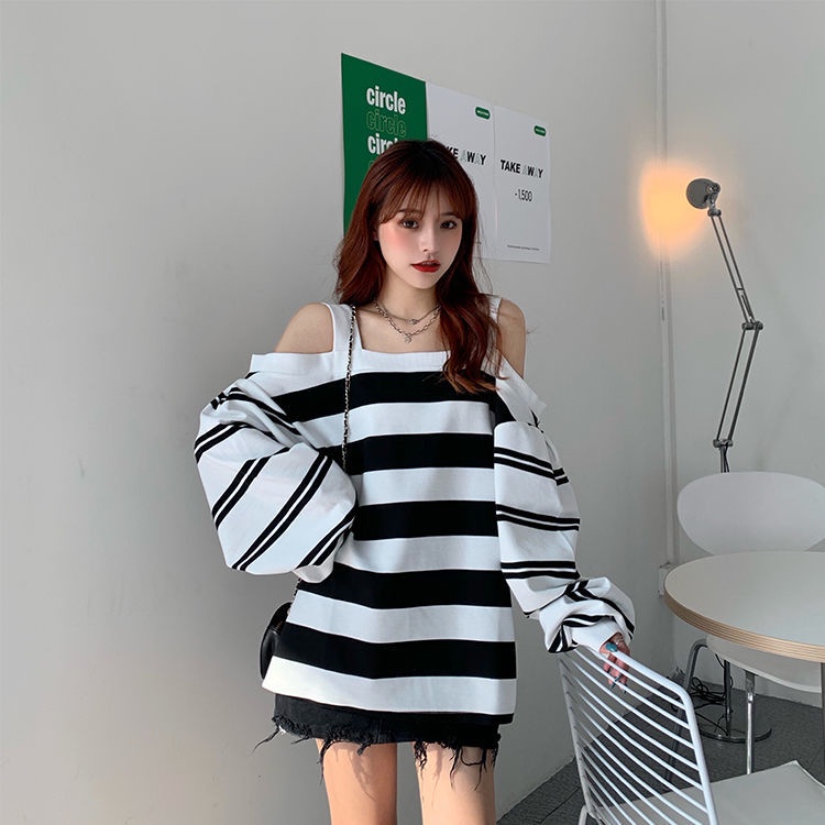 Áo Len Dài Tay Trễ Vai Dáng Rộng Họa Tiết Kẻ Sọc Thời Trang Mùa Thu Hàn Quốc 2020 Xs-4Xl | BigBuy360 - bigbuy360.vn