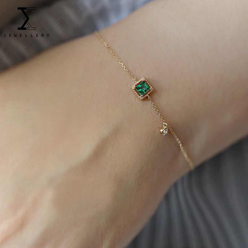 Vòng tay mạ bạc 925 100% hình khối vuông đính đá đơn giản thời trang 14k