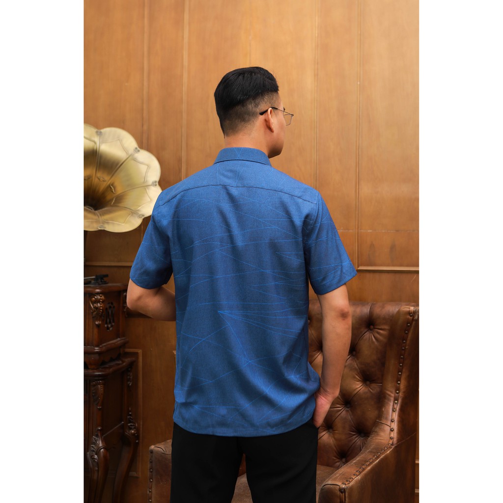[HÀNG VIỆT NAM] Áo sơ mi Nam  thương hiệu Anton trung tuổi cộc tay vải sợi tre màu xanh sẫm họa tiết chìm – GD615