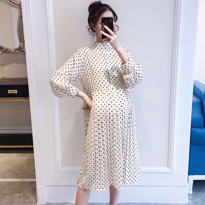 [ BIGSIZE 82kg ] VÁY ĐẦM BẦU THIẾT KẾ DỰ TIỆC CÔNG SỞ  DÀI TAY HỌA TIẾT CHẤM BI HÀN QUỐC