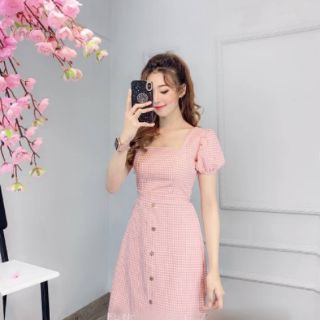 Đầm xòe sọc caro tay phồng