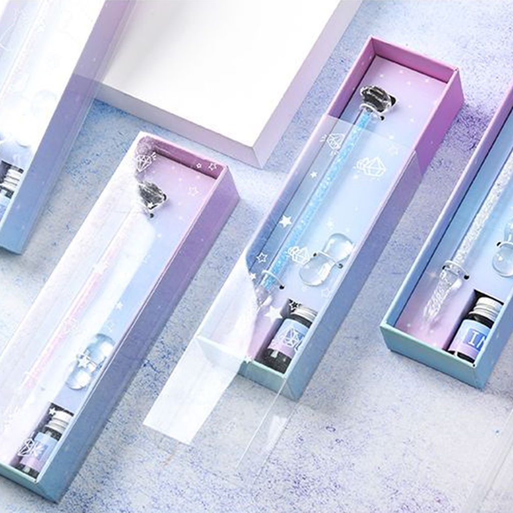 Bộ bút chấm mực bằng chất liệu thủy tinh pha lê thiết kế ngòi ren thấm mực hiệu quả cao dùng để viết thư pháp