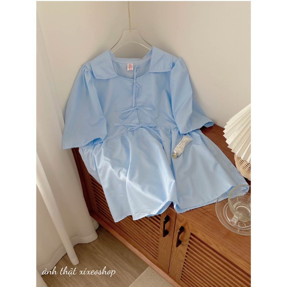 Áo sơ mi nữ trắng xanh dáng babydoll thắt nơ xinh xixeoshop - V43