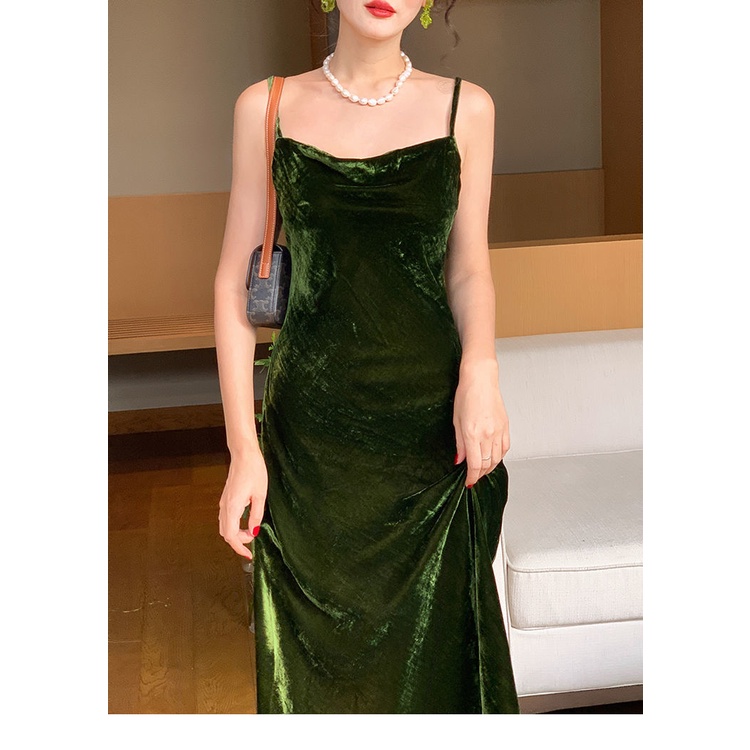 Đầm Nhung Hai Dây Dáng Dài Phong Cách Retro Thời Trang Cao Cấp Cho Nữ