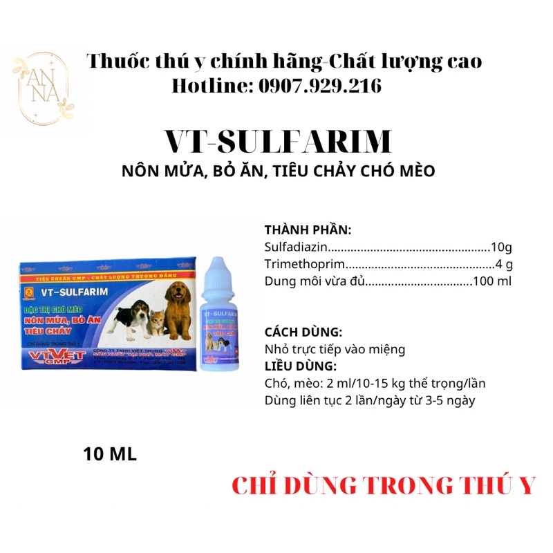 VT-SULFARIM nôn mửa, bỏ ăn, tiêu chảy chó mèo 10ml