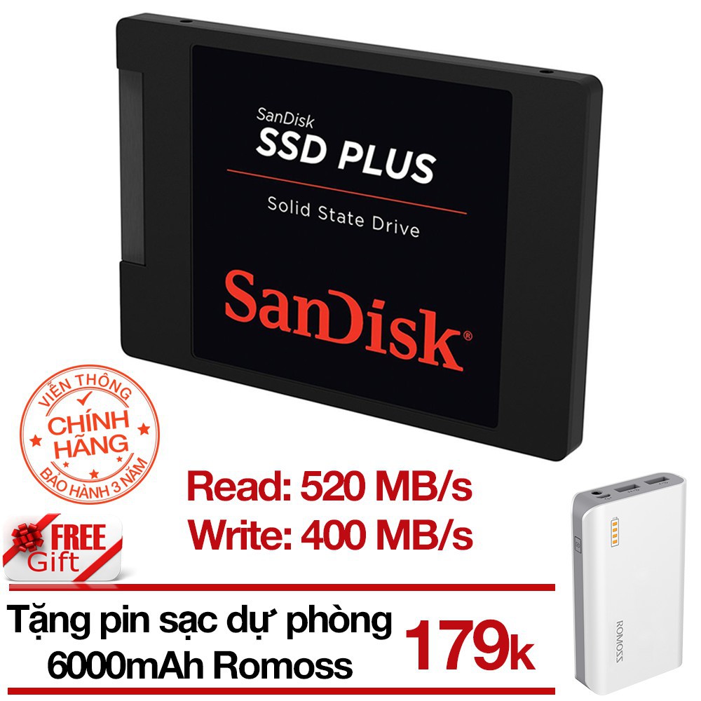 SSD 120Gb Sandisk Plus tặng Pin sạc dự phòng 6000mAh Solit 3 Romoss - Chính hãng