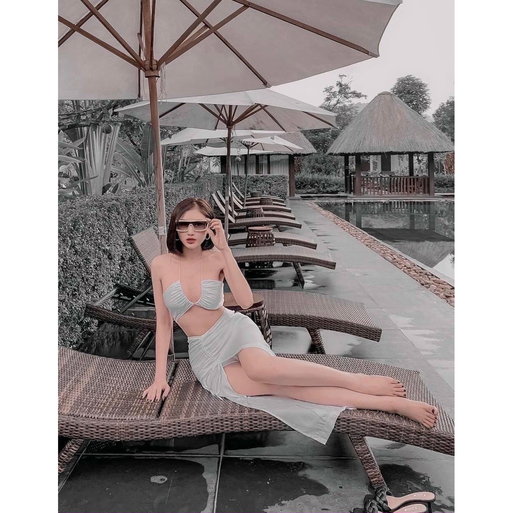 Set bikini 3 chi tiết thun lanh kèm quây sexy mới nhất 2021